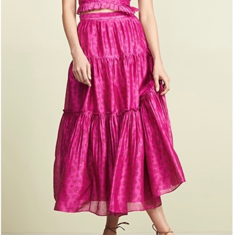 Ulla Johnson Jeune Skirt Fuchsia Size 2 Pleated Tiered Floral Leaf Printed Voile